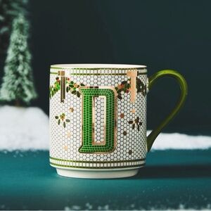 Anthropologie Festive Bistro Green Tile Monogram Initial D Coffee Tea Mug Cup